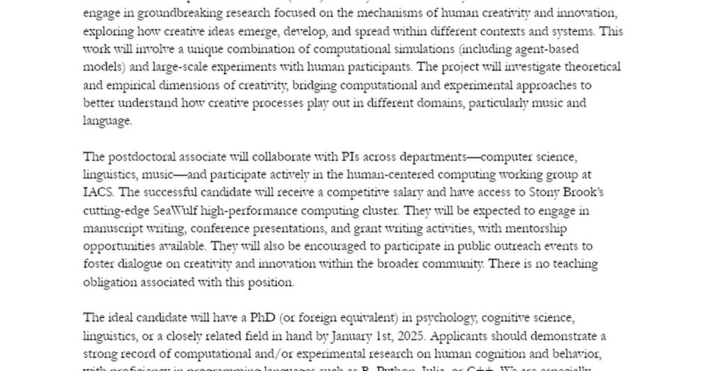 Dynamics of Creativity in Complex Social Networks - Postdoc Listing