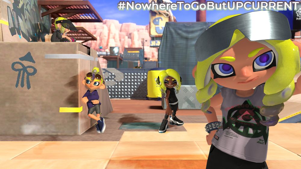 Render of the Upcurrent team on scorch gorge in the style of a selfie. Juni sits on the ramp to top mid, while Scion leans on the wall. xd is posing standing next to Scion, while Sniker holds the camera in front on the right side.