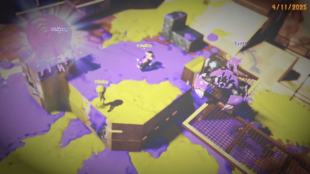 Aerial photo of Upcurrent's octolings on top mid scorch gorge rainmaker
Players from left to right:
Snikerop is obscured by a rainmaker shot
Scion is emerging from ink
Juni is in pain on enemy ink
xd is on the grate in crab tank