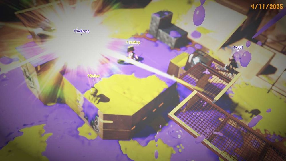 Aerial photo of Upcurrent's octolings on top mid scorch gorge rainmaker
Players from left to right:
Snikerop is being vaporized by the sun
Scion is emerging from ink
Juni is in pain on enemy ink
xd is on the grate in firing splash