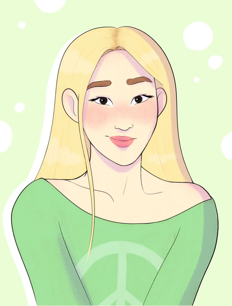 Digital illustration of a Korean girl with long blond hair and a sweet, smiling expression, drawn from the waist up on a plain background.