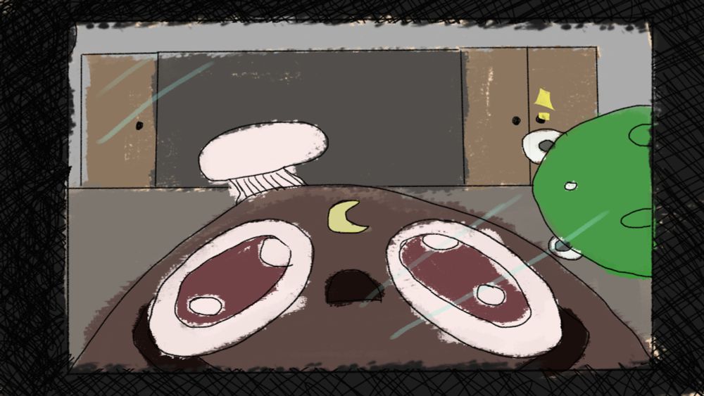 A digital drawing of a POV from inside an oven. You are looking out to the kitchen and in front of you is the face of a round Sparrow (brown with big eyes and a moon on their forehead) with a chefs hat on. There is a green frog peering in from the right of frame looking curious with yellow sparkles around one eye. The style is fast and loose with a paint-like brush and scribbly line work.
