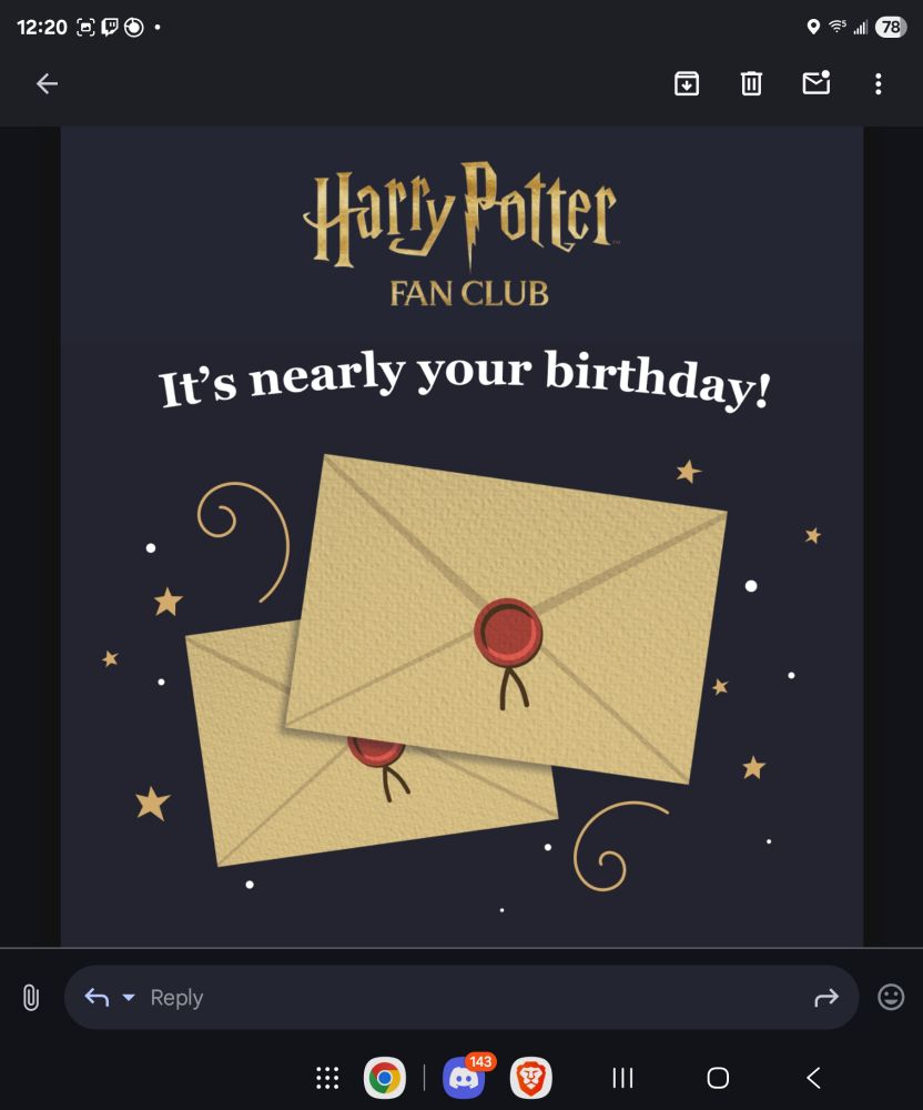 A screenshot of an email received from "The Harry Potter Fan Club" depicting a pair of envelopes surrounded by swirly lines and stars and dots, implicating magical energies. At the top, it reads: "It's nearly your birthday!"