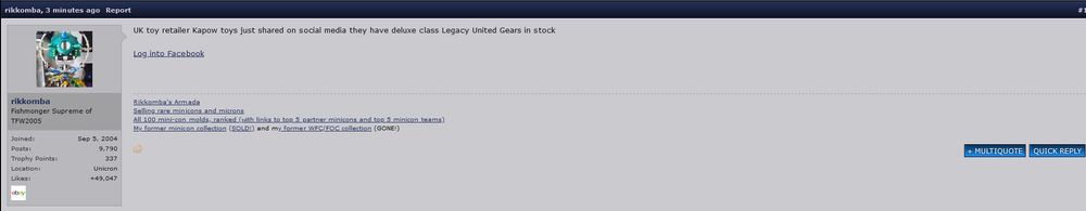 news post by rikkomba: "UK toy retailer Kapow toys just shared on social media they have deluxe class Legacy United Gears in stock" followed by a facebook link