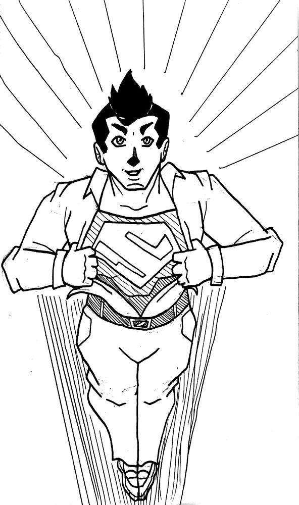 A fan art pic based on the 2023 animated series "My Adventures With Superman" showing Superman flying towards the viewer wearing civilian clothing but opening up his coat-shirt to reveal his costume. 