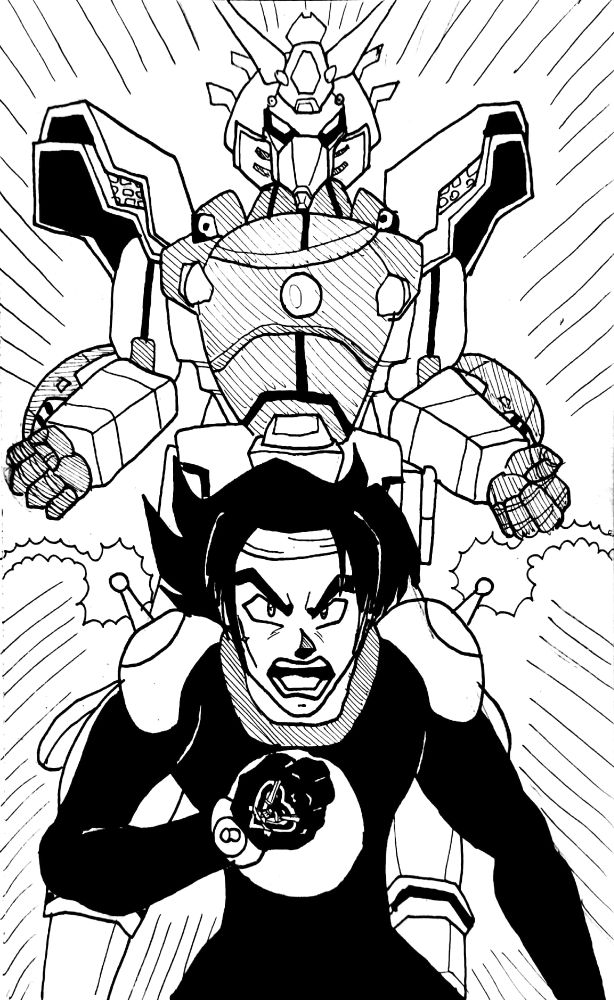 A fan art pic based on the 1994 animated series "Mobile Fighter G-Gundam" showing Domon Kasshu in his Gundam Pilot outfit standing in the foreground with his mouth open as if shouting and an intense expression on his face; his right fist, which has a heart-shaped crest on it, is raised in front of his chest.  In the background, Shining Gundam in its Super Mode stands in a battle-ready stance.  Action Lines in the background push in towards the characters.  