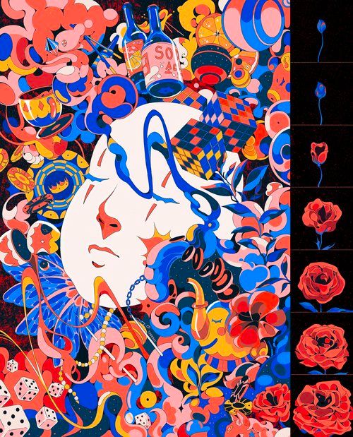 a limited color palette of red, pink, yellow, orange, and blue. A mask lies in a cacophany of marbles, dice, rubiks cubes, etc A rose blooms on the right