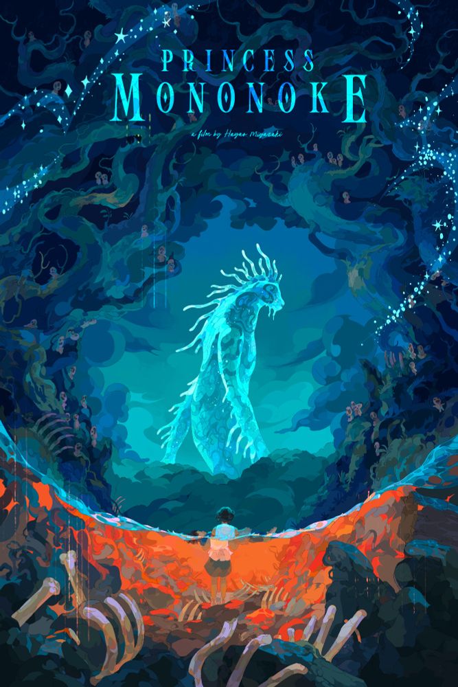 mock princess mononoke poster. the nightwalker is enclosed in the forest. San is holding ashitaka floating in the water in the lake full of skeletons
