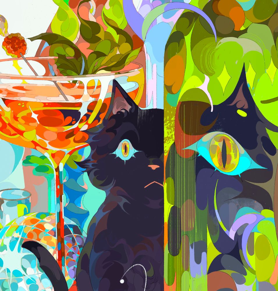 A crop of a bigger print of a cat standing behind a green bottle