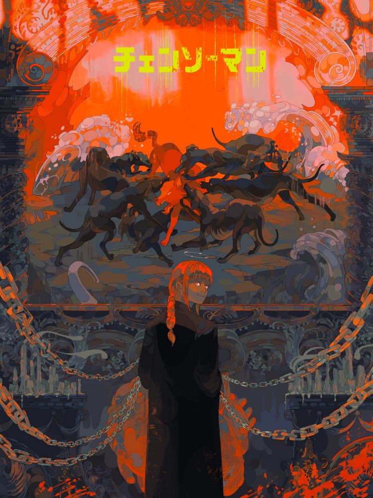 Makima from Chainsaw Man illustration, where she is in a cathedral with a blue/grey and orange color palette in front of a painting of dogs attacking a wolf. It's a menacing environment