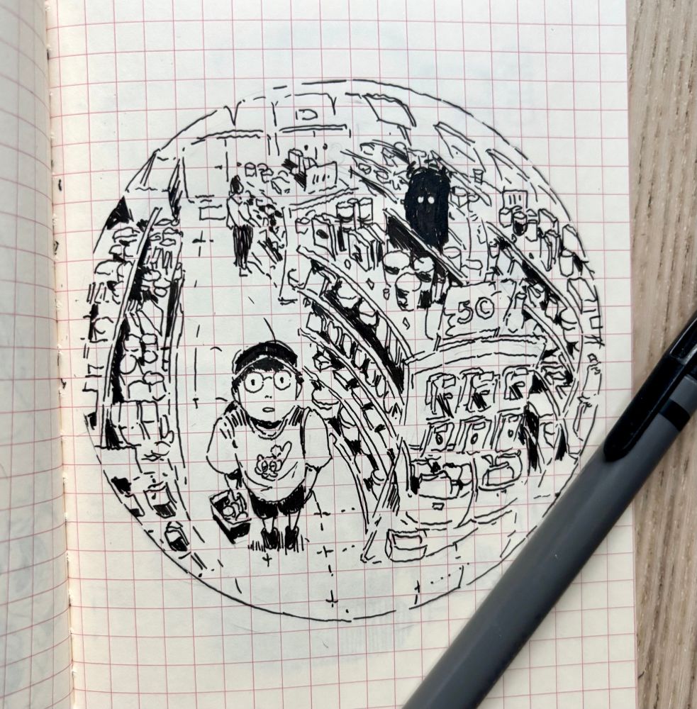 Illustration with ink pen of a subject looking into its distorted reflection on circular mirror in a convenience store. A shadow looks back behind one of the aisles