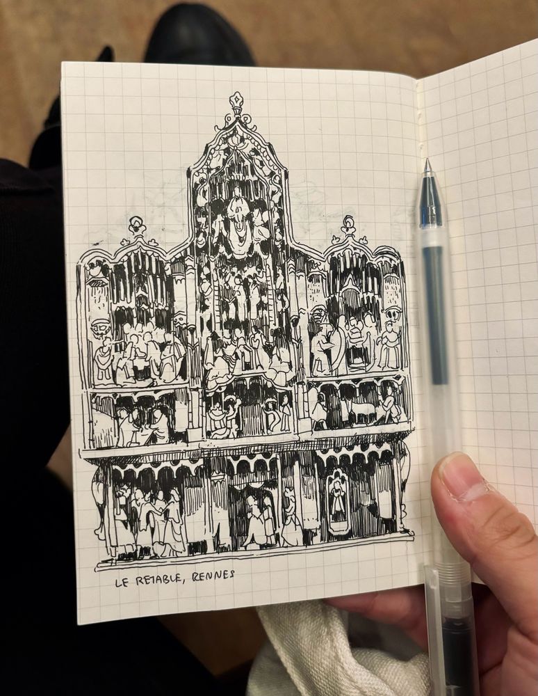 sketch of le retable, an insane sculpture in the cathédrale in Rennes 