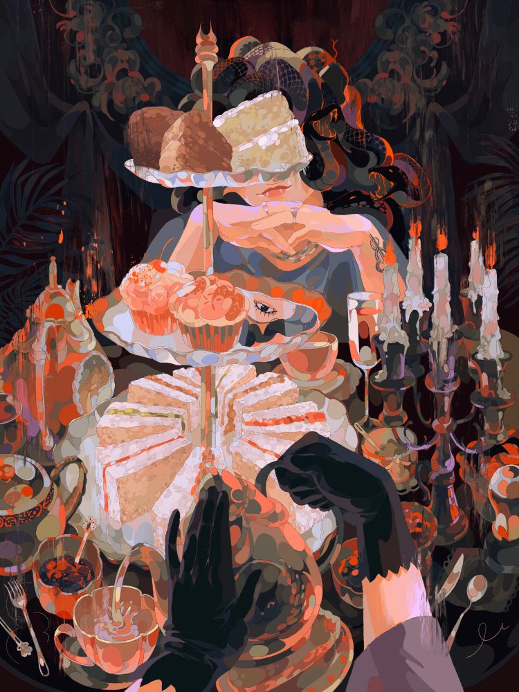 illustration of a tea party with Medusa. Her eyes are covered but is reflected on one of the silver plates