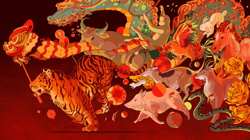 An illustration of a tiger leading a mass of all the zodiac animals