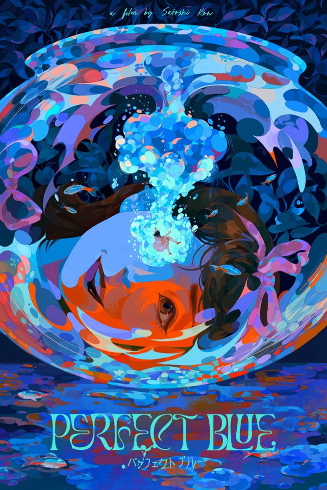 a alt perfect blue poster. Mima is staring through a fish bowl at a tinier mima who splashes into th ewater