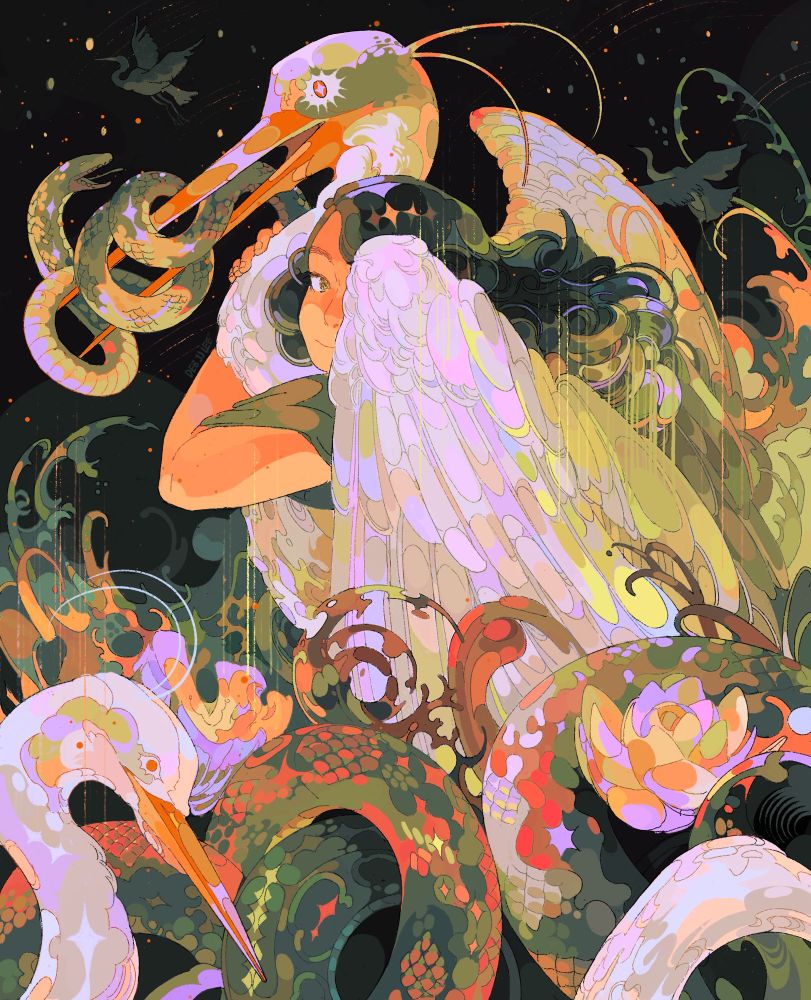 greenish illustration of a girl perched on a heron, who has a snake curled around its beak