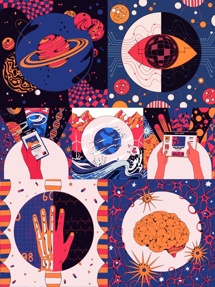 An illustration in limited color palettes for scientific American where there are 7 separate drawings showcasing a different part of the sciences. We see a planet, an eye, a hand part xrayed, and a brain 