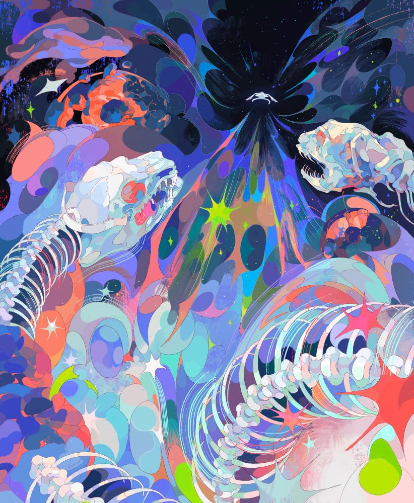 skeletal snakes chasing a ship through holographic looking clouds in deep space