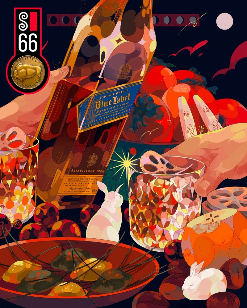 Illustration of a table with Korean Midautumn Festival foods and a Johnnie Walker bottle