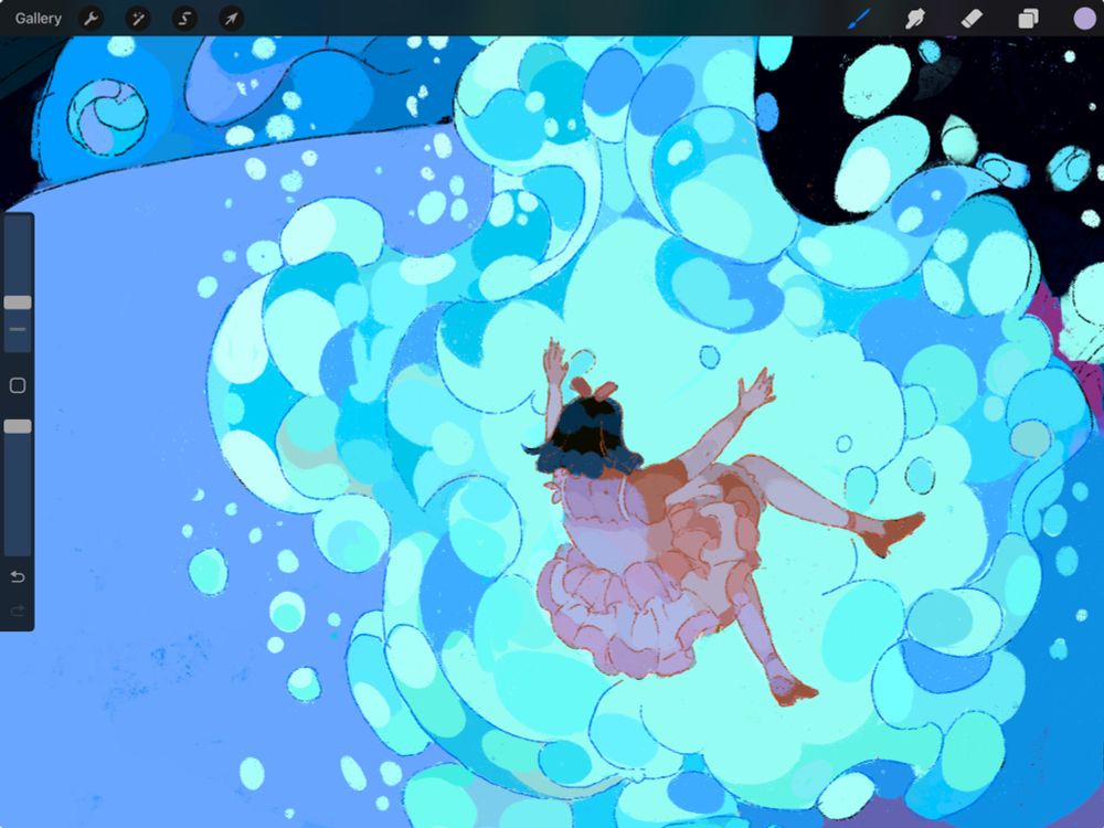A WIP screenshot on procreate of a certain pop star from a certain satoshi kon film