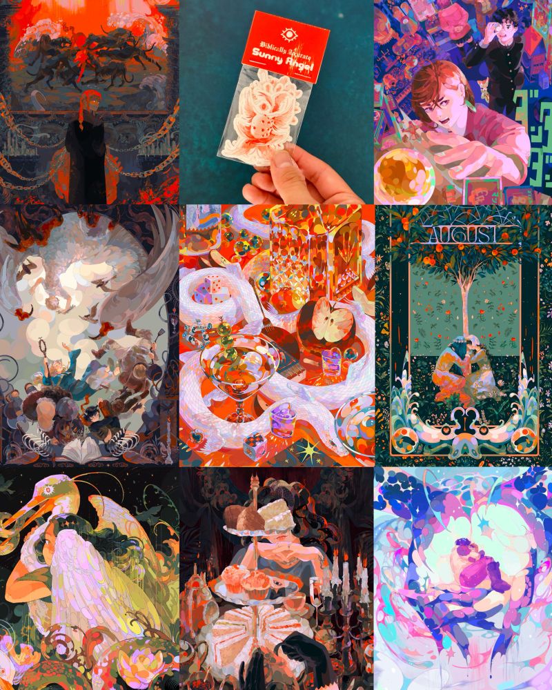 Grid with 8 prints and one sticker pack. The prints are Chainsaw man, dandadan, dungeon Meshi, lunar new year, a piece based off the unicorn tapestry, birdkeepers daughter, blind date, and arcane