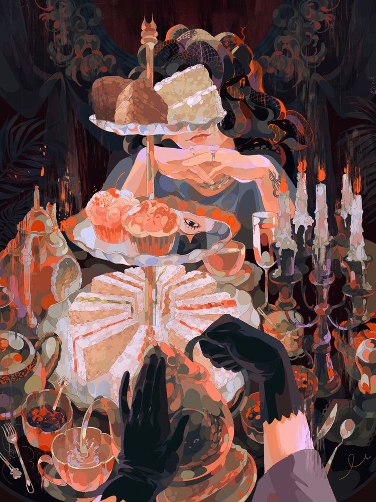 An illustration of a first person view of tea with Medusa, whose eyes are covered by the silver platters