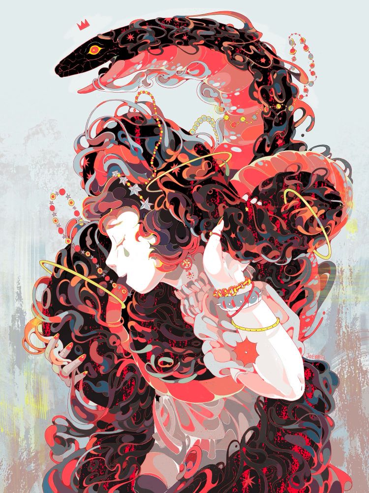 girl being wrapped in a snake made up of ribbons