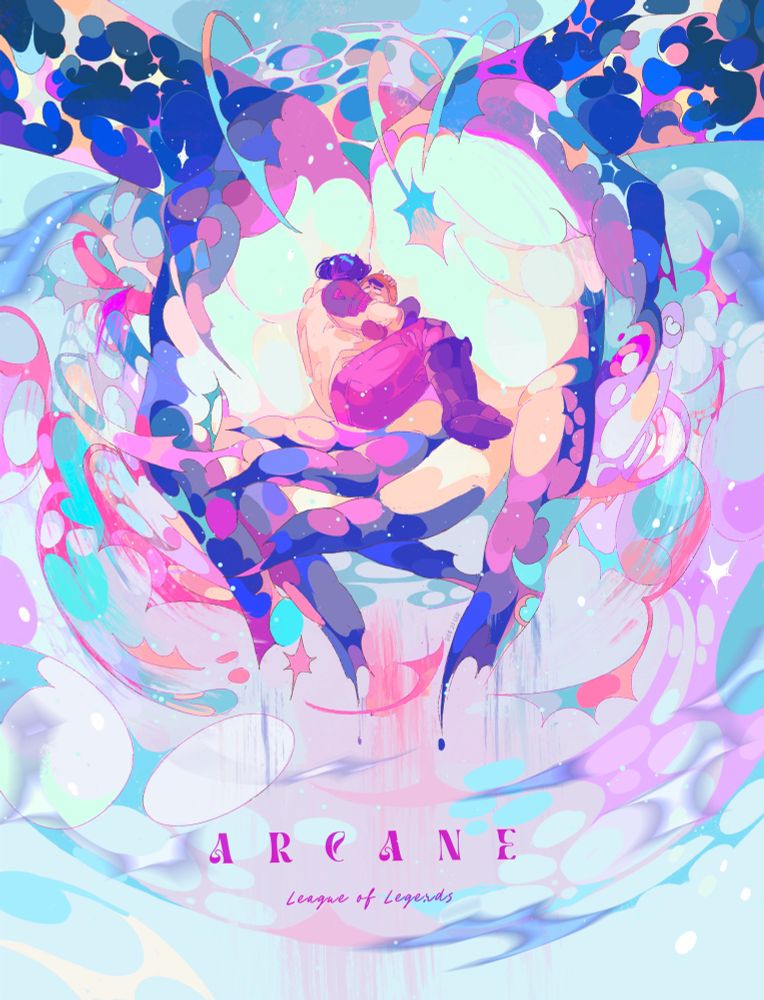 A fan poster of Arcane’s Jayce and young Jayce being nestled into Viktors hands