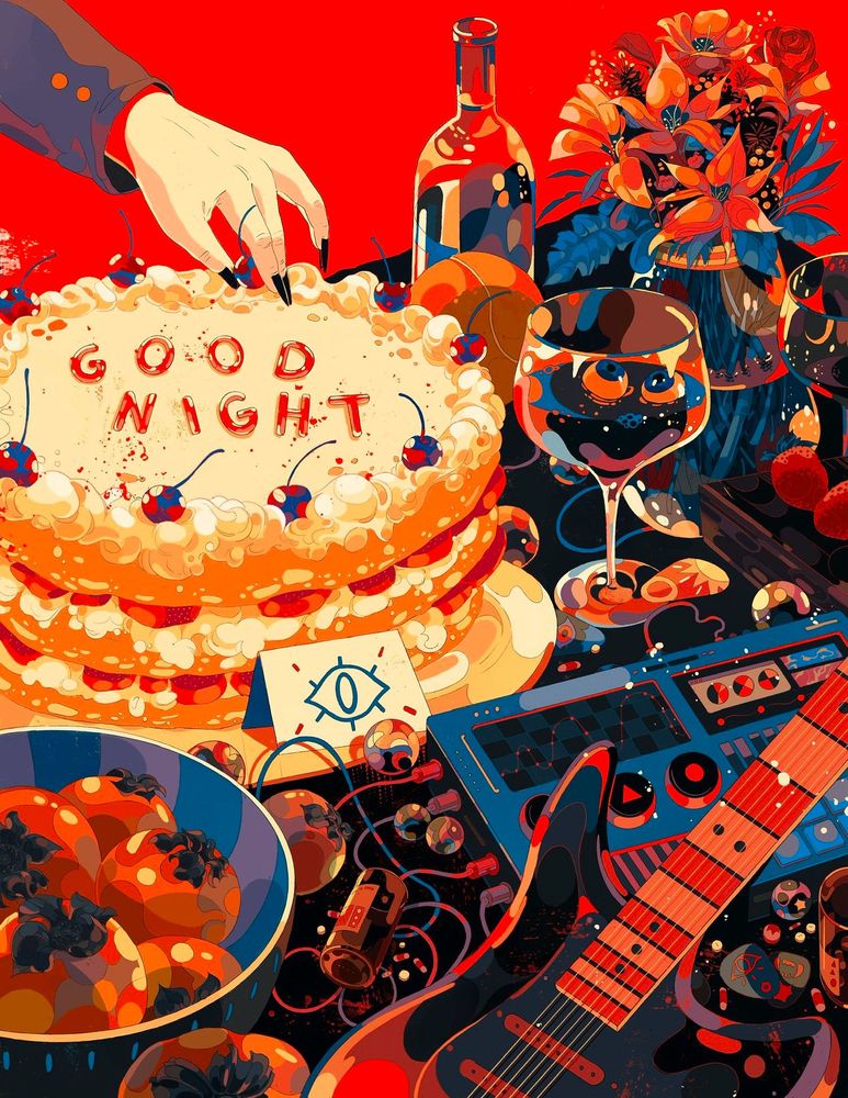 Red color palette illustration with a cake that says good night. Guitars, synths, marbles, wine glasses scattered the scene