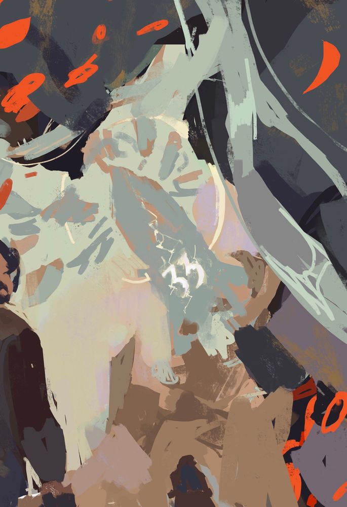 A WIP in procreate of Expedition 33. A rough color painting of the monolith and its surrounding debris