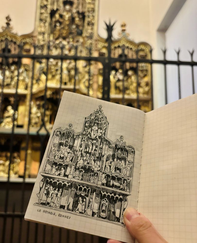 Sketchbook drawing of a complicated looking altar(?) in Rennes