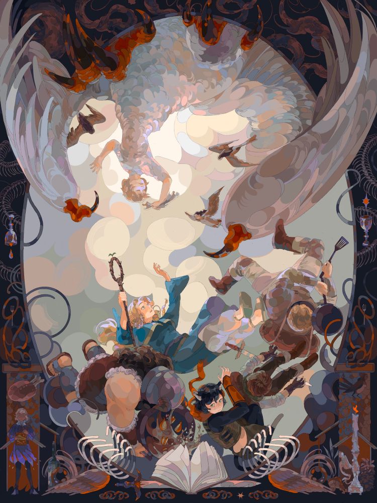 A dungeon meshi fanart based off the painting “Jupiter smites the vices”. Falin is upside down, surrounded by harpies. The main group is right side up, falling towards the bottom of the oval canvas