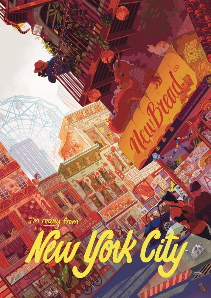 a travel poster of Chinatown. There are zodiac animals hanging around the canvas, a girl is leaning over a fire escape