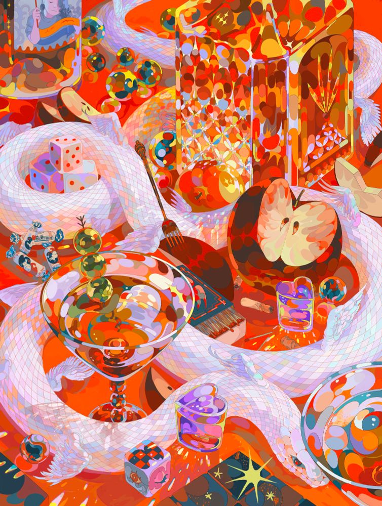 A still life mostly in red. Martinis and bottles sparkle the set and a pearlescent winged snake crawls through the canvas