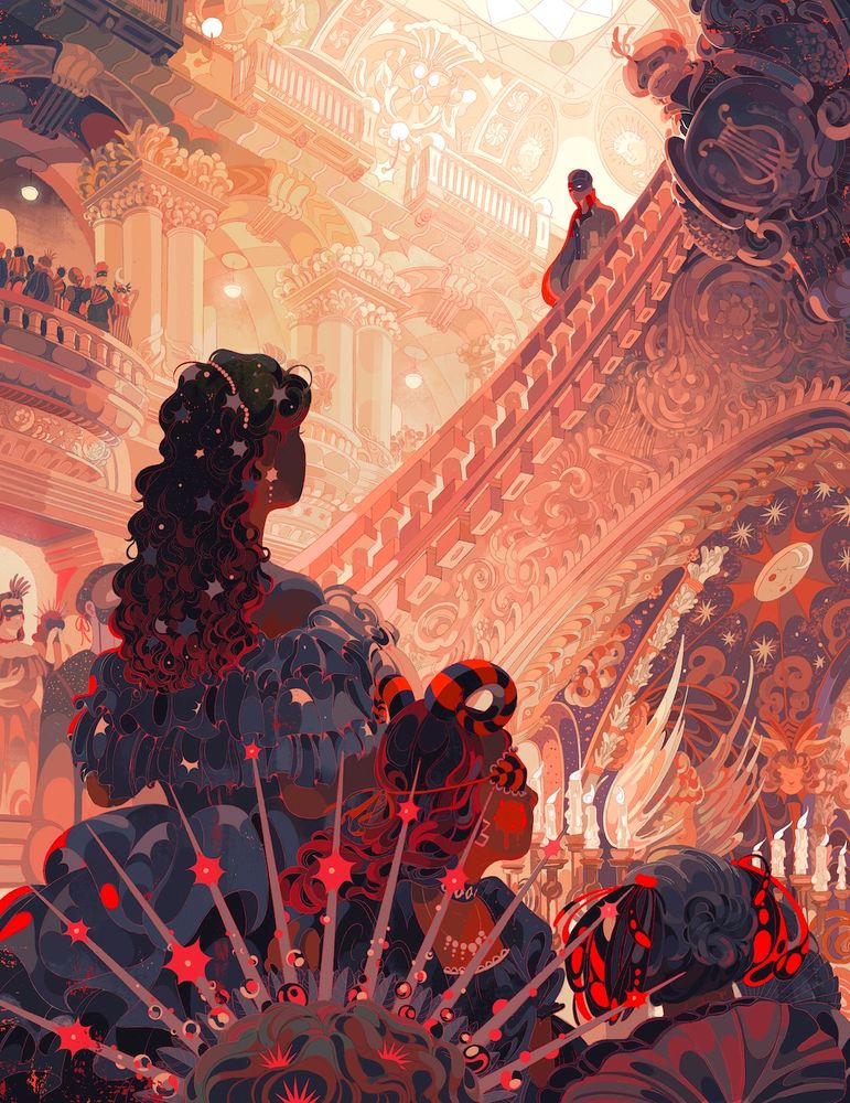 Illustration of the masquerade scene from the phantom of the opera. 