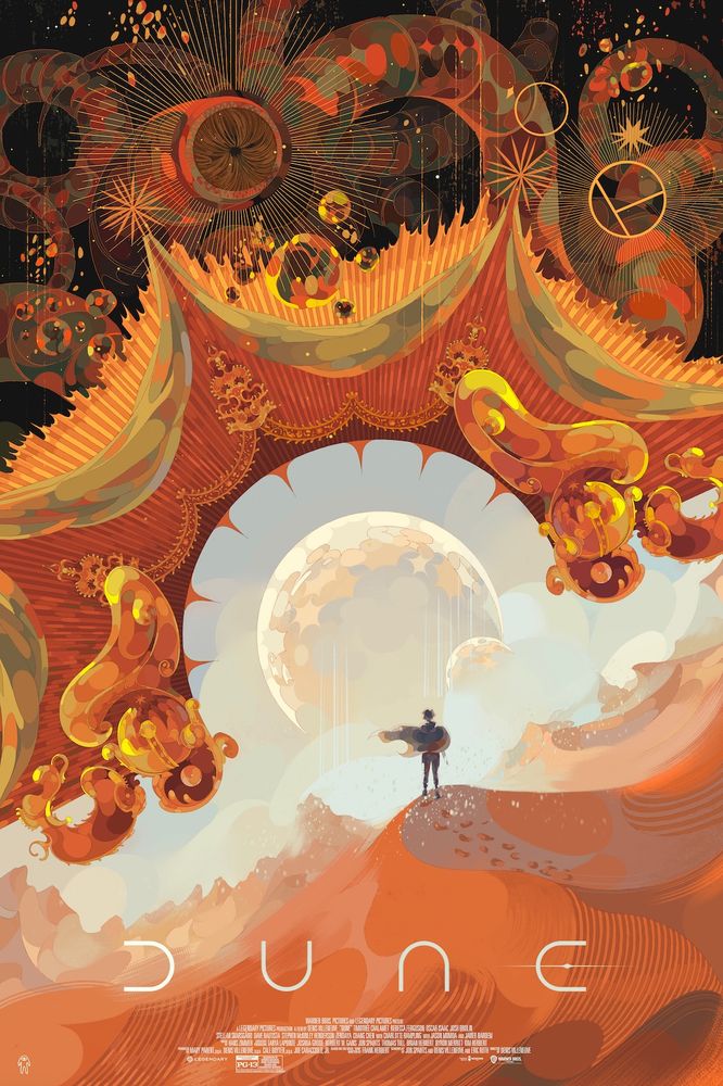 Illustration of a dune poster where Paul is staring into the two moons as an altar like structure surrounds him
