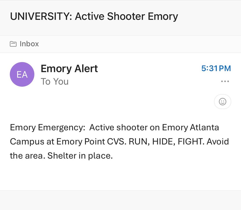 Email alert about an active shooter at Emory 