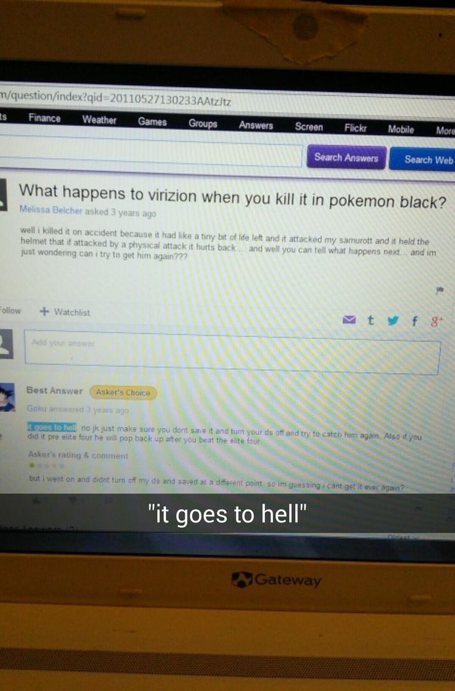 someone on yahoo answers asked "What happens to virizion when you kill it in pokemon black?" and the top answer said "it goes to hell."