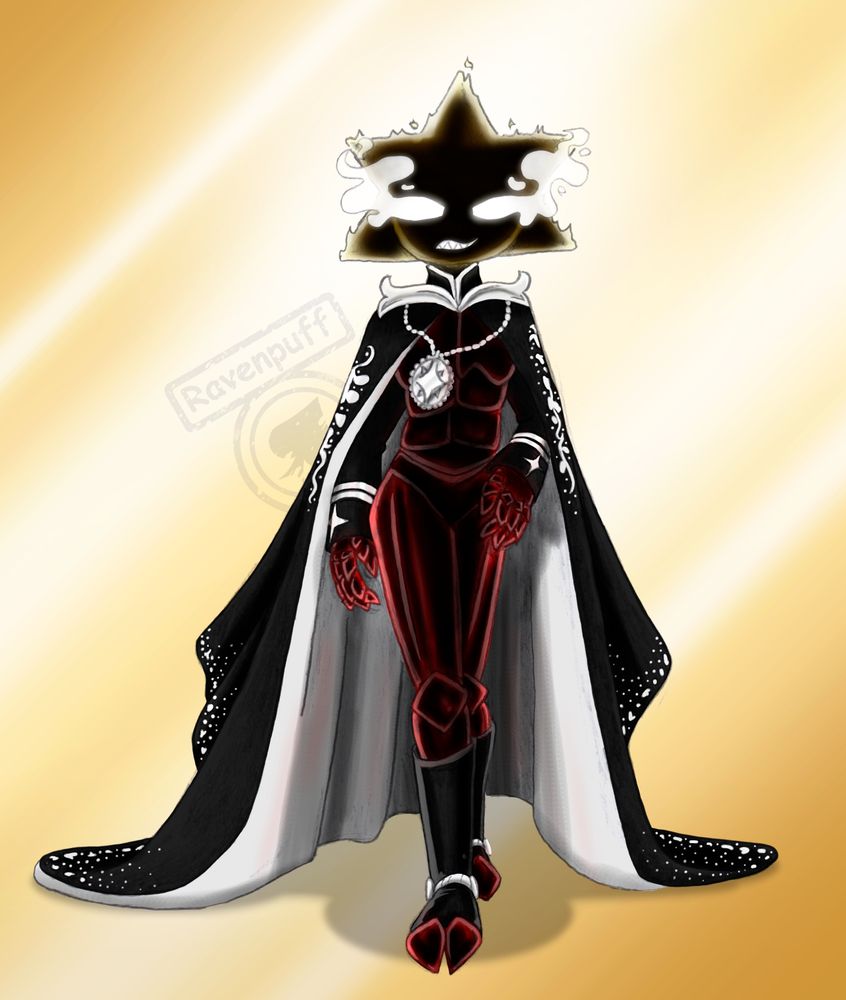Pencil sketch on paper with digital colour and shading. 

Character Lord Eclipse from TSAMS on youtube, as he appears in the EMHM AU fanfic by TheInfamousDoctorF. 

Facing the audience, giving a sharp toothed smirk, stepping towards the viewer. In his usual redly shaded armour, but on top over it wearing a large, regal black cloak with white inner lining dragging behind him. Sleeves from a tux and tall shiny boots. 

Background is gold with shine.