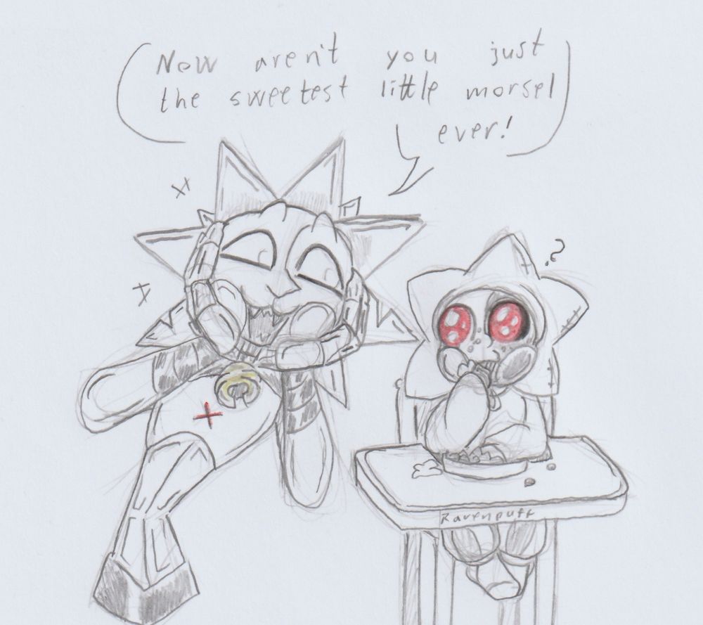 Pencil sketch on paper. 

On right is baby Moon sitting cutely in his high chair, playing around with some baby food and peas on a plate. 
On left is Killer Sun holding his hands to his cheeks as he declares "Now aren't you just the sweetest little morsel ever!"

Only coloured parts are eyes and KS' bell. 