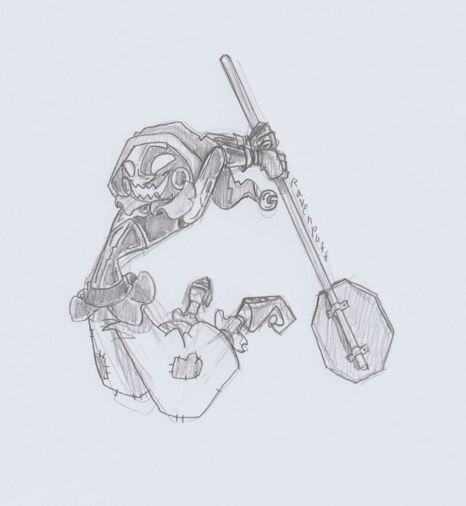 Pencil sketch on paper. 

Jack O Moon from TSAMS on youtube, mid air in a leap, swinging a traffic sign behind him for an epic attack. 