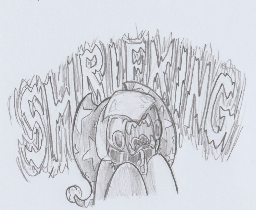 Pencil sketch on paper. 

Economical Bloodmoon aka Blood Money, shrieking with sharp teeth showing, as their face has been covered by a slice of cheese that has been thrown at them. 