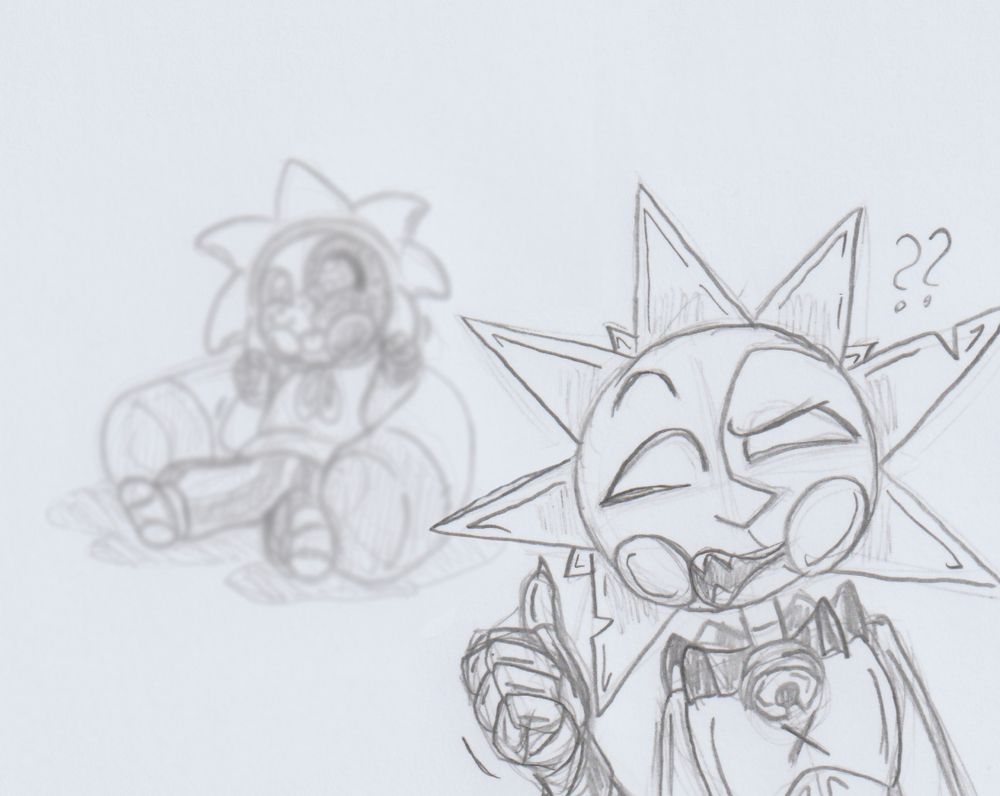 Pencil sketch on paper. 

Baby Moon now blurry in the background as he keeps playing with the rays of his hood. 

Foreground, now in focus, is Killer Sun, having turned his back to the baby, pointing back with a thumb, as he seems to be asking confused about something. Question marks over his head. 