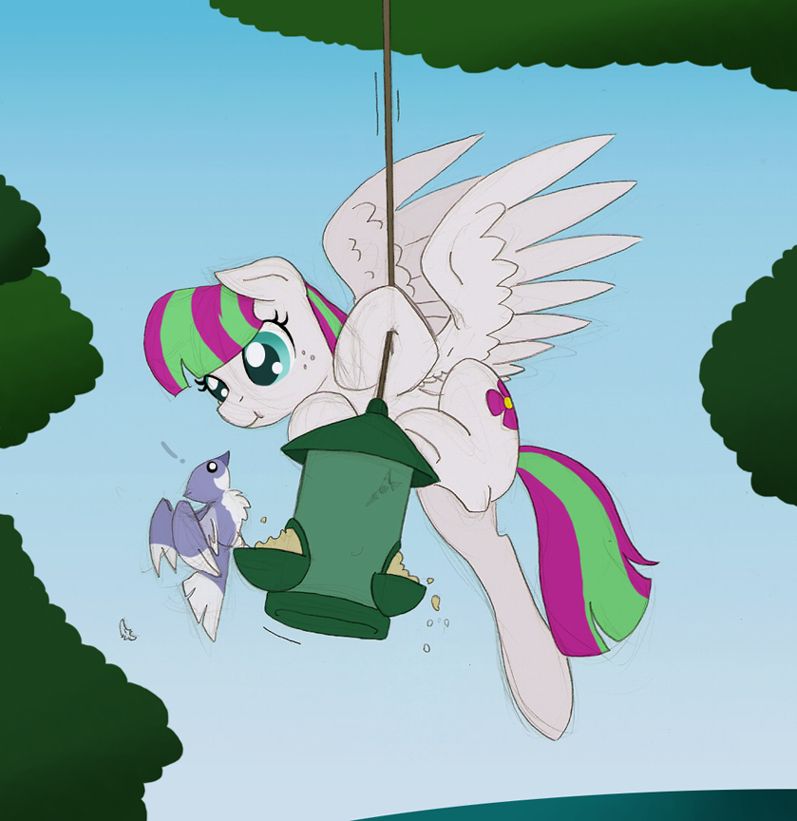 Pencil sketch with digital colouring. 

Background pony from MLP FiM hanging onto a bird feeder, catching a bluejay by surprise, hinted the pegasus pony is enjoying the bird food too. 