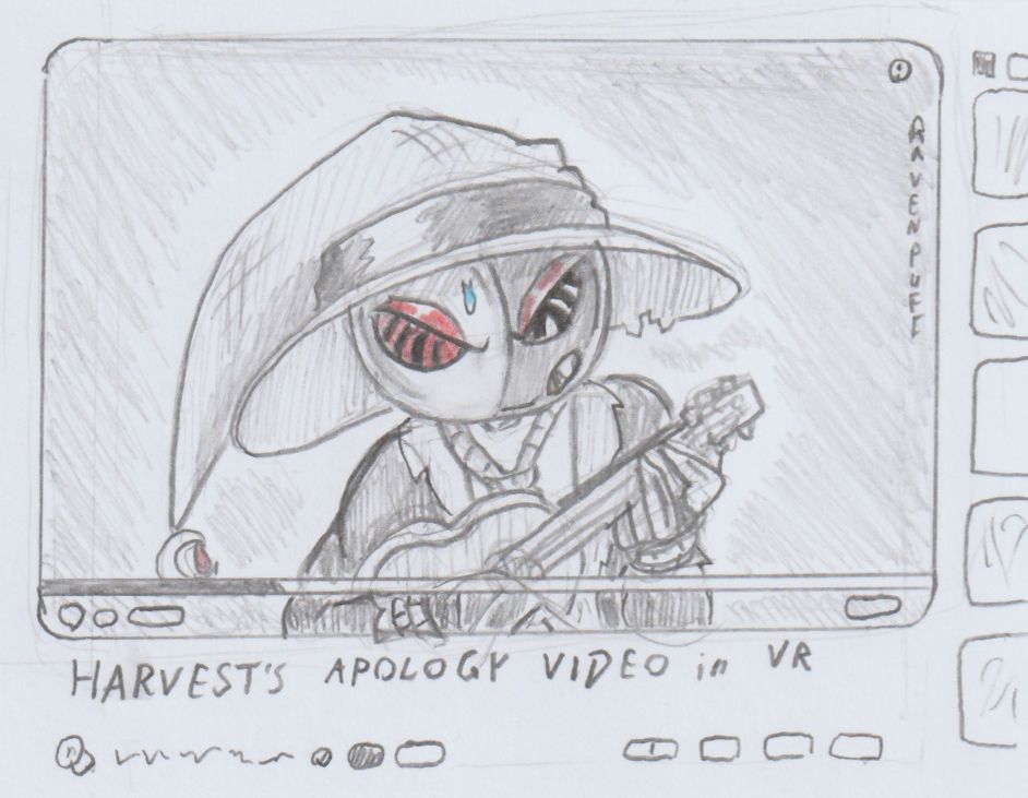 Pencil sketch in paper. 

Harvest from LAES on youtube drawn as shown in a youtube video, playing an ukulele. A singular sweat drop on his forehead from focusing on trying to play the instrument. 
Title of the video is "HARVEST'S APOLOGY VIDEO in VR".

Only colours in the image is the blue sweatdrop and the red of his eyes. 