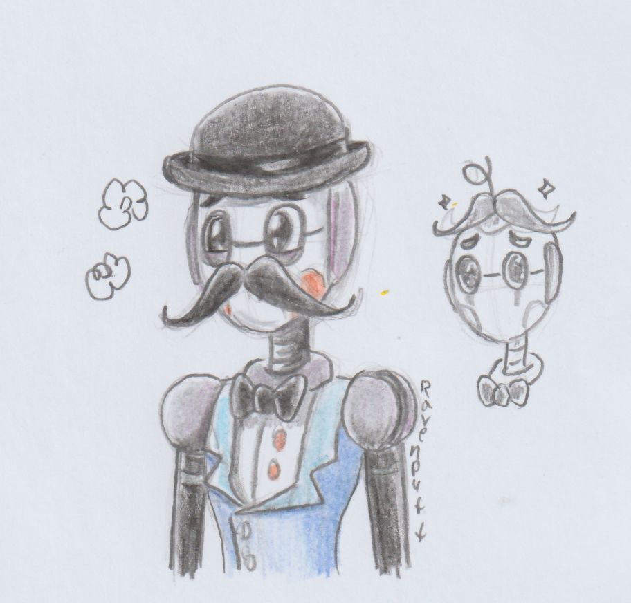 Pencil sketch on paper with pencil colouring. 

Comedy model S.T.A.F.F. bot in the pizzaplex known as Comedy Bot, as he appears on LAES on youtube. 
Suit vest wearing robot with a bowler hat, but now also with an oversized handlebar moustache. He seems happy about it. 
On the right is a smaller, colourless sketch, of Comedy Bot without the bowler hat, with the moustache ontop of his head instead, like a toupe. And his rumoured singular strand of hair standing up in a curl.  