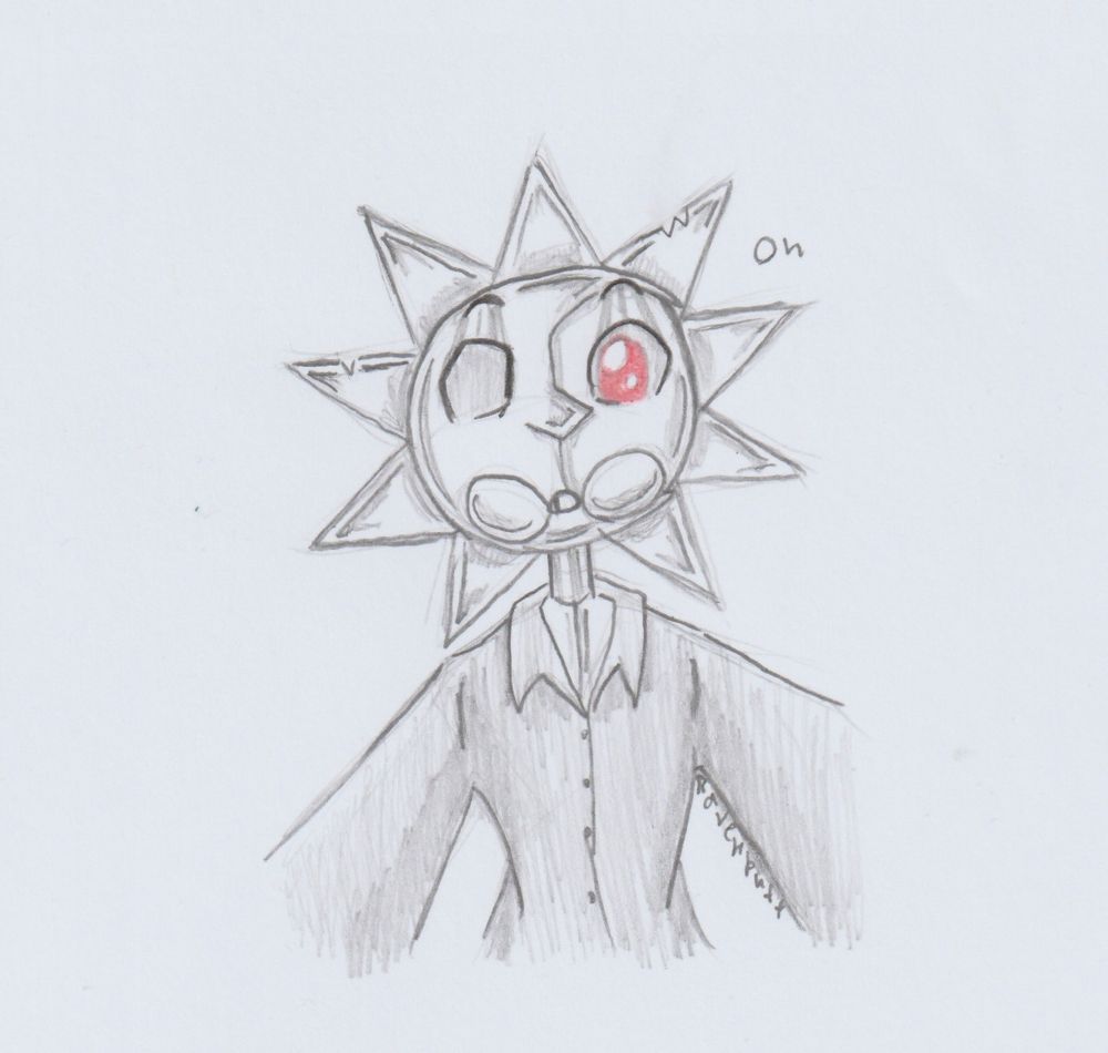Pencil sketch on paper

Dark Sun from baby Moon's POV, eyes big as he stares in shock, giving a little "Oh" 