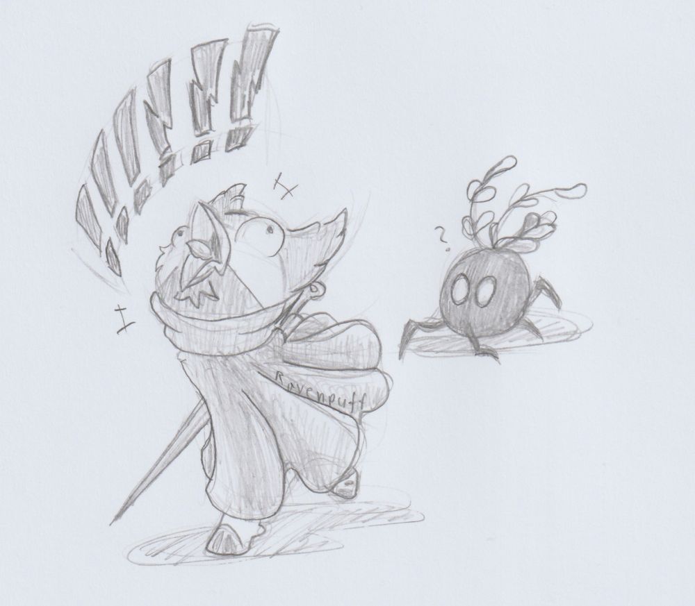 Pencil sketch on paper. 

Sona of AngryLittleBurd dressed up as Hornet from Hollow Knight/Silksong, running away with high pitched screaming, in blind panic. 
Chasing behind is a harmless enemy from the game, looking confused. 