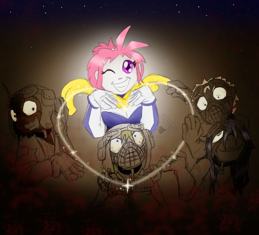Pencil sketch with digital colouring. 

5 people using their hands to create the shape of a heart, illustrated by a glittering magic line of light to complete the shape. 

Hana at the top, the only character in full colour with her pink hair and eyes, smiling and winking at the audience. Glowing like a light source for the image.

Below her is four units from FlowerSteel, far more rough looking mech pilots with surgery scars and mouth guards like rabid dogs. Their only colours being hair, eyes and collars. In heavy military gear and gloves, looking deranged in various ways. 

Top of the image is hints of a blue night sky with stars, bottom of the image is shadows and splotches of blood. 
