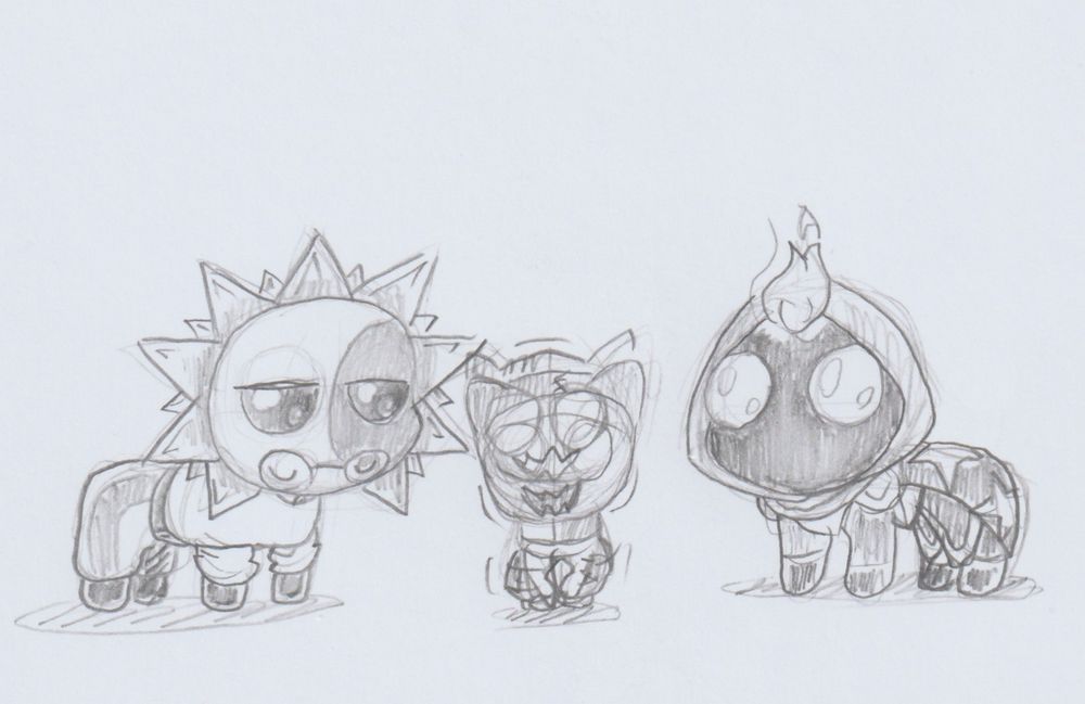 Pencil sketch on paper. 

TSAMS characters Solar and Nebula as Autism Creatures, staring at Jack O Moon in the middle being an energetic ADHD Creature 